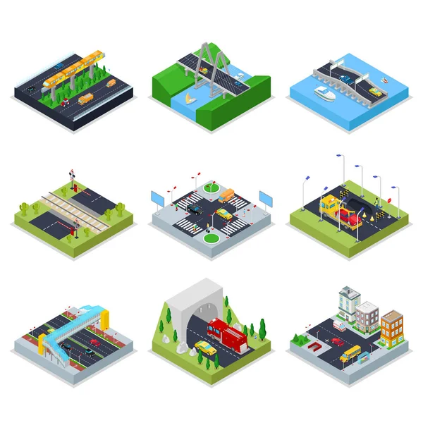 Infraestrutura Urbana Isométrica com Estradas, Crossroad, Carros e Ponte. Trânsito da cidade. Vector plana ilustração 3d —  Vetores de Stock