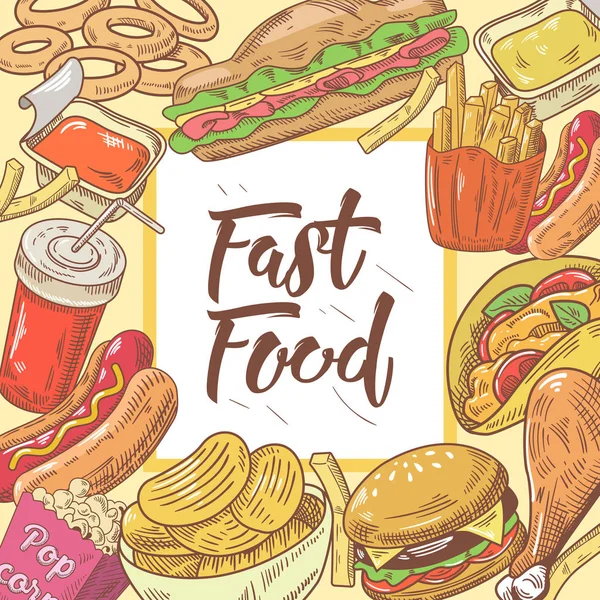 बर्गर, हॉट डॉग और ड्रिंक के साथ फास्ट फूड हैंड ड्रॉ पृष्ठभूमि। अस्वस्थ भोजन। वेक्टर चित्र — स्टॉक वेक्टर