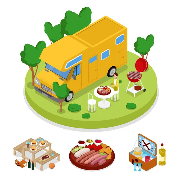 Isometrische Bbq Camper picknick Party. Summer Holiday Camp. Gegrild vlees. Vector platte 3d illustratie — Stockvector