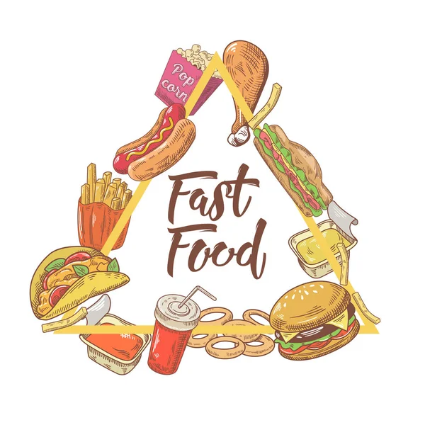 ファーストフードの手には、ハンバーガー、フライド ポテトとソーダのデザインが描かれました。不健康な食事。ベクトル図 — ストックベクタ