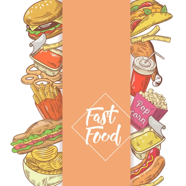 Menu de restauration rapide dessiné à la main avec sandwich, frites et hamburger. Manger malsain. Illustration vectorielle — Image vectorielle