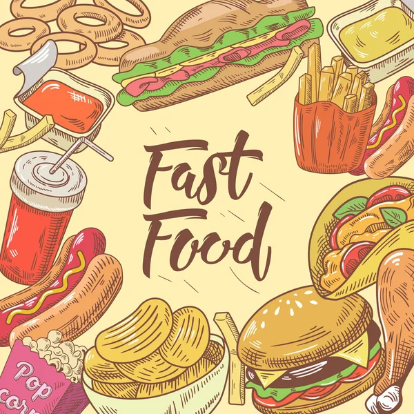 Diseño dibujado a mano de comida rápida con hamburguesa, hot dog y bebida. Comer insalubre. Ilustración vectorial — Vector de stock