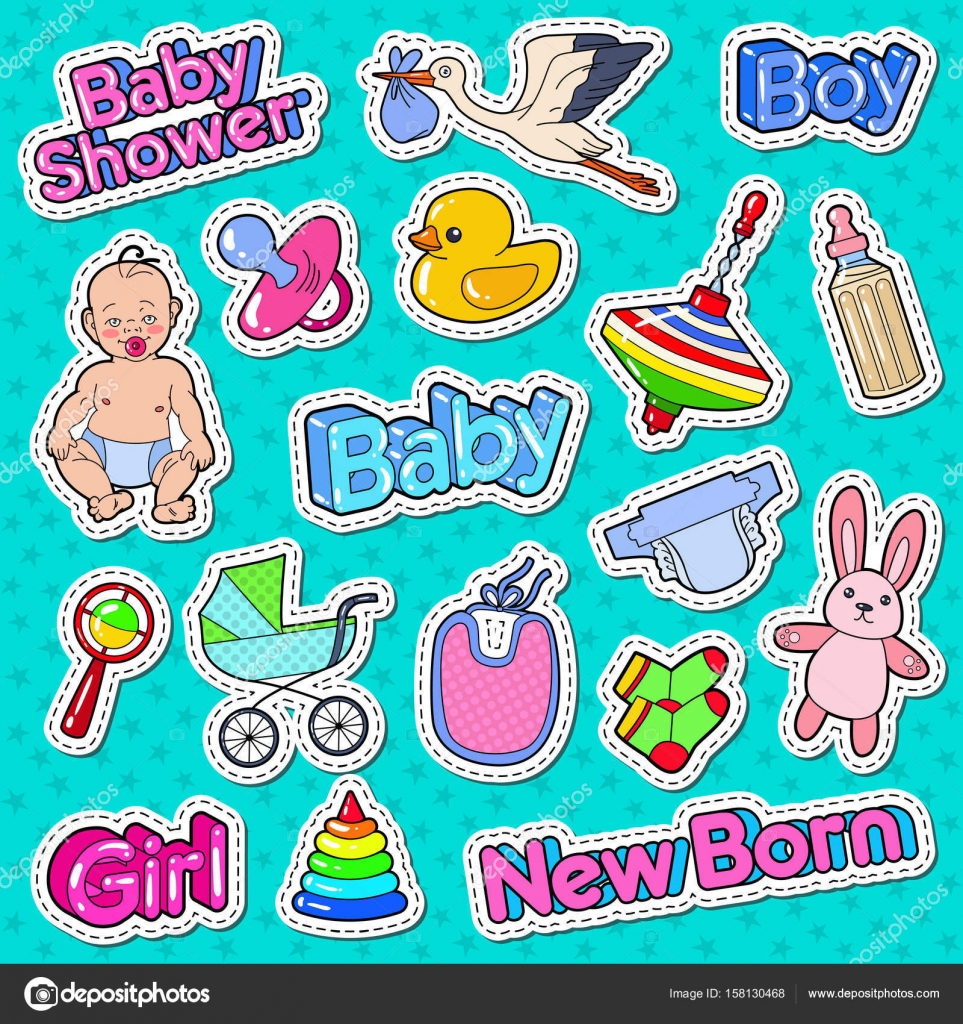 Baby Shower Doodle With Newborn Toys And Stork Party Decoration