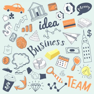 İş fikri serbest elle çizilmiş Doodle. Yaratıcı Ekonomi öğelerle para, el ve Infographics. Vektör çizim