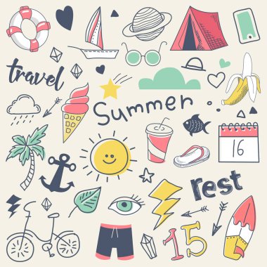 Yaz tatili serbest elle çizilmiş Doodle ile güneş, sörf ve kamp. Vektör çizim