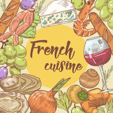 Peynir, şarap ve deniz ürünleri mutfağı elle çizilmiş tasarım Fransız. Yiyecek ve içecek. Vektör çizim