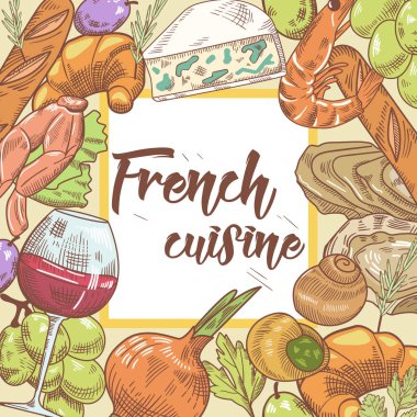 Peynir, şarap ve deniz ürünleri mutfağı elle çizilmiş tasarım Fransız. Yiyecek ve içecek. Vektör çizim
