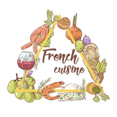 Peynir, şarap ve deniz ürünleri ile Fransız mutfağı elle çizilmiş arka plan. Yiyecek ve içecek. Vektör çizim