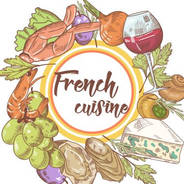 Peynir, şarap ve üzüm ile Fransız mutfağı elle çizilmiş arka plan. Yiyecek ve içecek menüsü. Vektör çizim