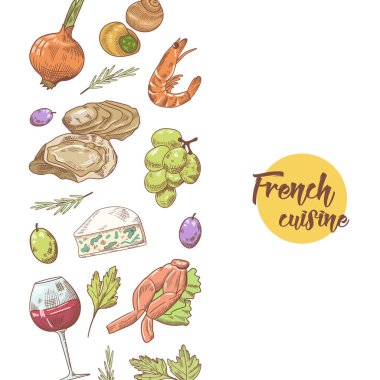 Peynir, şarap ve deniz ürünleri mutfağı elle çizilmiş tasarım Fransız. Yiyecek ve içecek. Vektör çizim