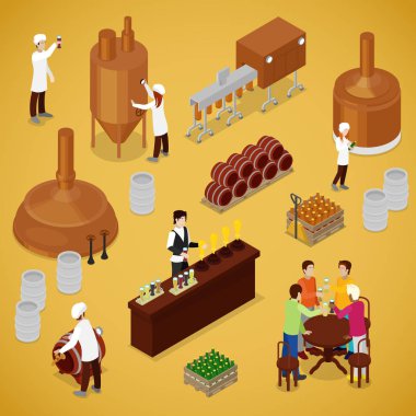 İzometrik Brewery bira üretimi ile işçiler, öğeleri ve Pub içme. Vektör düz 3d çizim