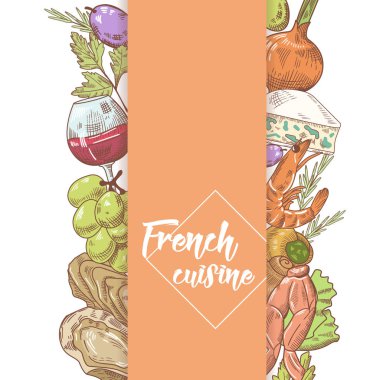 Peynir, şarap ve deniz ürünleri mutfağı elle çizilmiş tasarım Fransız. Yiyecek ve içecek. Vektör çizim