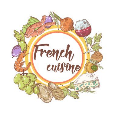 Peynir, şarap ve deniz ürünleri ile Fransız mutfağı elle çizilmiş arka plan. Yiyecek ve içecek menüsü. Vektör çizim