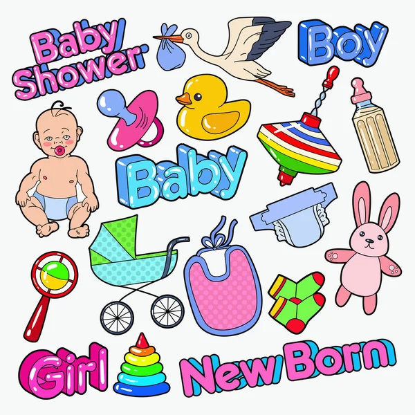 Baby Shower Doodle with Newborn, Toys and Stork. Party Decoration Elements Set. Vector illustration — Stockvector