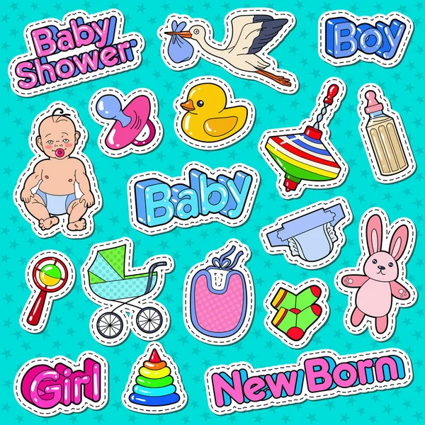 Baby zuhanyzó Doodle újszülött, a játékok és a gólya. Party dekorációs matricák, kitűzők és javítások. Vektoros illusztráció — Stock Vector