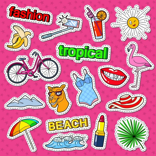 Doodle de vacaciones en la playa tropical con flamenco, labios y cóctel. Vacaciones de verano Pegatinas, insignias y parches. Ilustración vectorial — Vector de stock