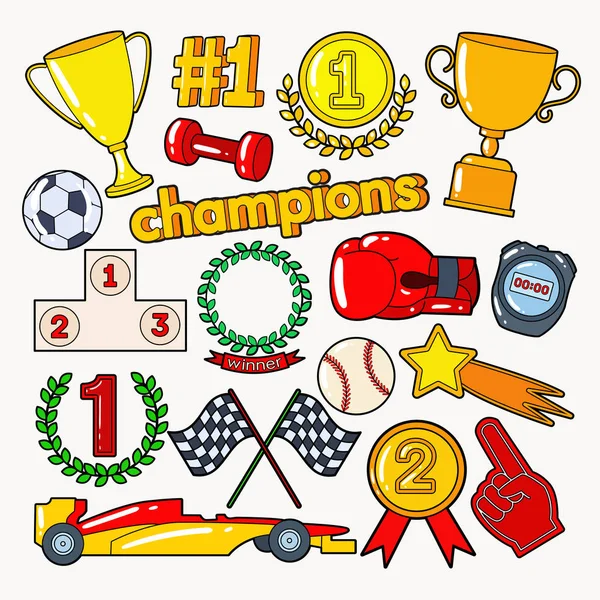 Kampioenen Doodle met medailles, prijs en Podium. Sport elementen Set. Vectorillustratie — Stockvector