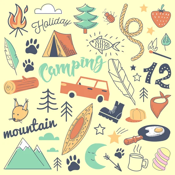 Camping à main levée Doodle dessiné. Vacances à la montagne avec tente, animaux et forêt. Illustration vectorielle — Image vectorielle