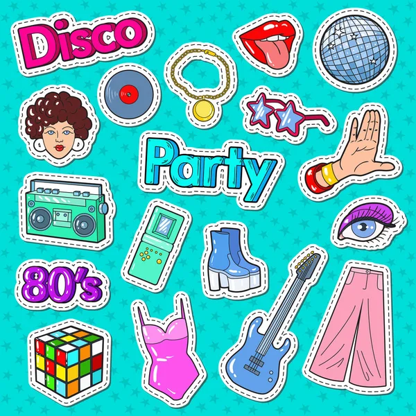 Stickers, Badges et Patchs Disco Party Style Vintage avec Guitare, Lèvres et Mains. Illustration vectorielle — Image vectorielle