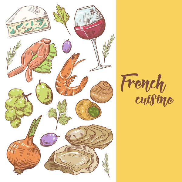 フランスのチーズ、ワインとブドウの料理手描きデザイン。食べ物や飲み物。ベクトル図 — ストックベクタ