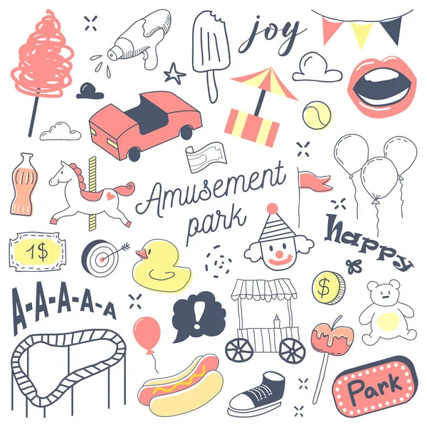 Parque de atracciones Freehand Doodle dibujado a mano con payaso, atracciones y carrusel. Ilustración vectorial — Archivo Imágenes Vectoriales