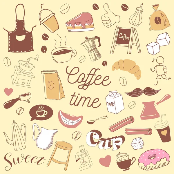 Kaffe tid Hand dras Doodle. Kaffe bönor, koppar och bageri. Vektorillustration — Stock vektor