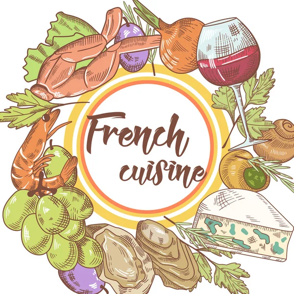 Peynir, şarap ve üzüm ile Fransız mutfağı elle çizilmiş arka plan. Yiyecek ve içecek menüsü. Vektör çizim