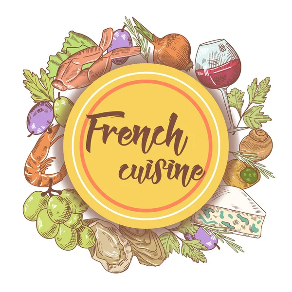 Cozinha francesa Design de menu desenhado à mão com queijo, vinho e frutos do mar. Comida e bebida. Ilustração vetorial —  Vetores de Stock