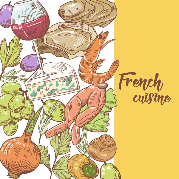 Francia konyha kézzel rajzolt tervez-val sajt, bor és puhatestű. Ételt és italt. Vektoros illusztráció — Stock Vector