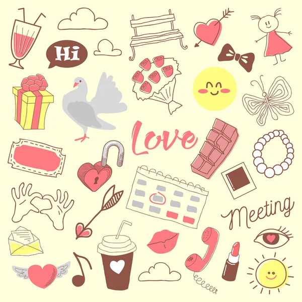 Love Romance Doodle desenhado à mão com corações, batom e elementos românticos. Ilustração vetorial —  Vetores de Stock