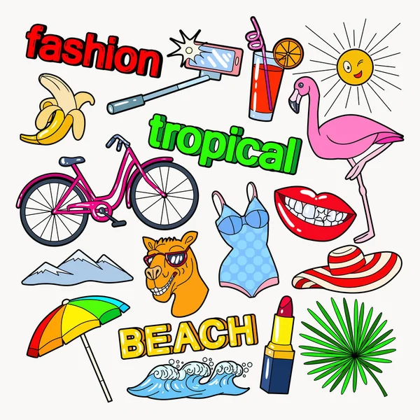 热带海滩度假涂鸦与火烈鸟、 嘴唇和鸡尾酒。夏季假期。矢量图 — 图库矢量图片