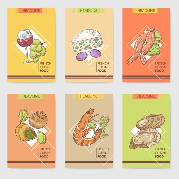 French Cuisine Hand Drawn Cards Brochure Menu dengan Keju, Makanan Laut dan Wine Kaca. Produk Makanan dan Minuman. Ilustrasi vektor - Stok Vektor