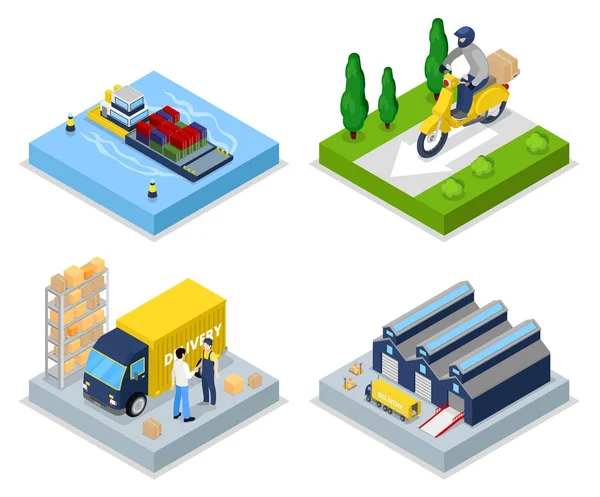 Conceito de entrega isométrica. Envio mundial. Armazém, Transporte de Cargas. Vector plana ilustração 3d —  Vetores de Stock