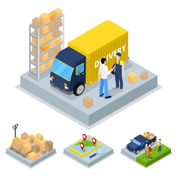 Concepto de entrega isométrica con transporte de camiones, mensajería y mercancías. Vector plano 3d ilustración — Archivo Imágenes Vectoriales