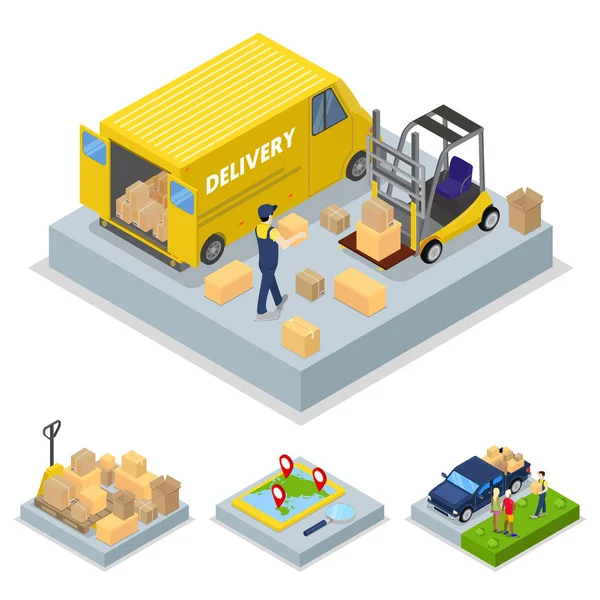 Concepto de entrega isométrica con proceso de carga, transporte de mercancías. Vector plano 3d ilustración — Archivo Imágenes Vectoriales