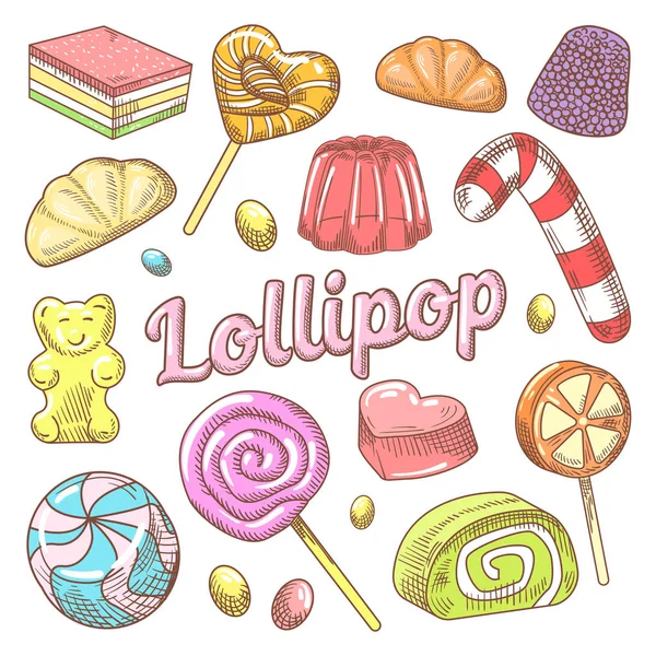 Dulces y piruletas Doodle dibujado a mano con jalea y dulces. Ilustración vectorial — Archivo Imágenes Vectoriales