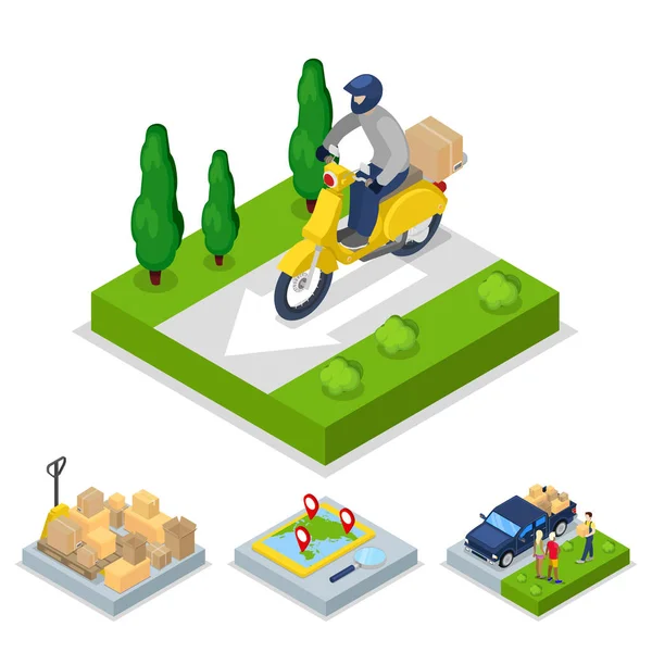 Concetto di consegna isometrica con scooter e corriere, trasporto merci. Illustrazione 3d piatta vettoriale — Vettoriale Stock