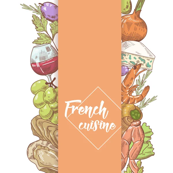 Cozinha francesa Design desenhado à mão com queijo, vinho e frutos do mar. Comida e bebida. Ilustração vetorial —  Vetores de Stock