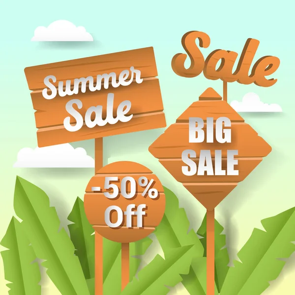 Sommerschlussverkauf Papier ausgeschnitten Banner mit Etiketten und tropische Landschaft. Vektorillustration — Stockvektor