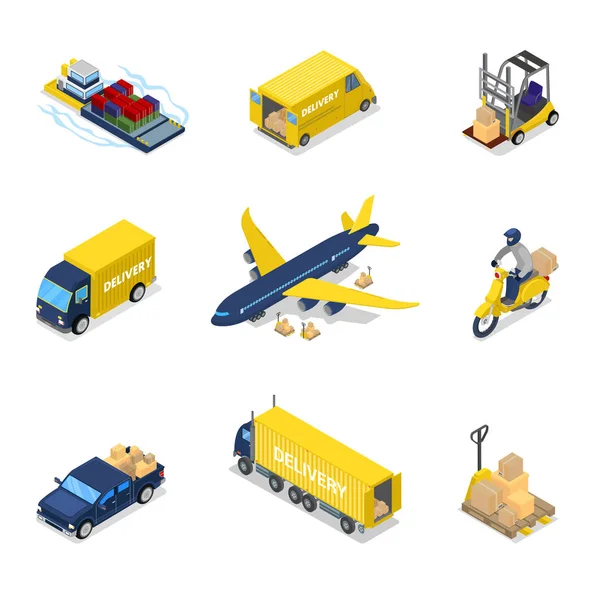 Conceito de entrega isométrica. Avião de carga aérea Transporte de carga, caminhão, Scooter. Vector plana ilustração 3d —  Vetores de Stock