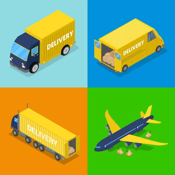 Concetto di consegna isometrica. Trasporto aereo di merci, Camion. Illustrazione 3d piatta vettoriale — Vettoriale Stock