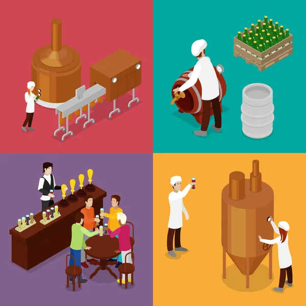 Isometric Beer Production. Brasserie intérieure avec des travailleurs, des éléments de boisson et Pub. Illustration 3D vectorielle plate — Image vectorielle