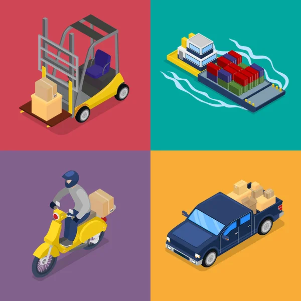 Konsep Pengiriman Isometric. Transportasi barang, Scooter, Forklift. Ilustrasi vektor flat 3d - Stok Vektor