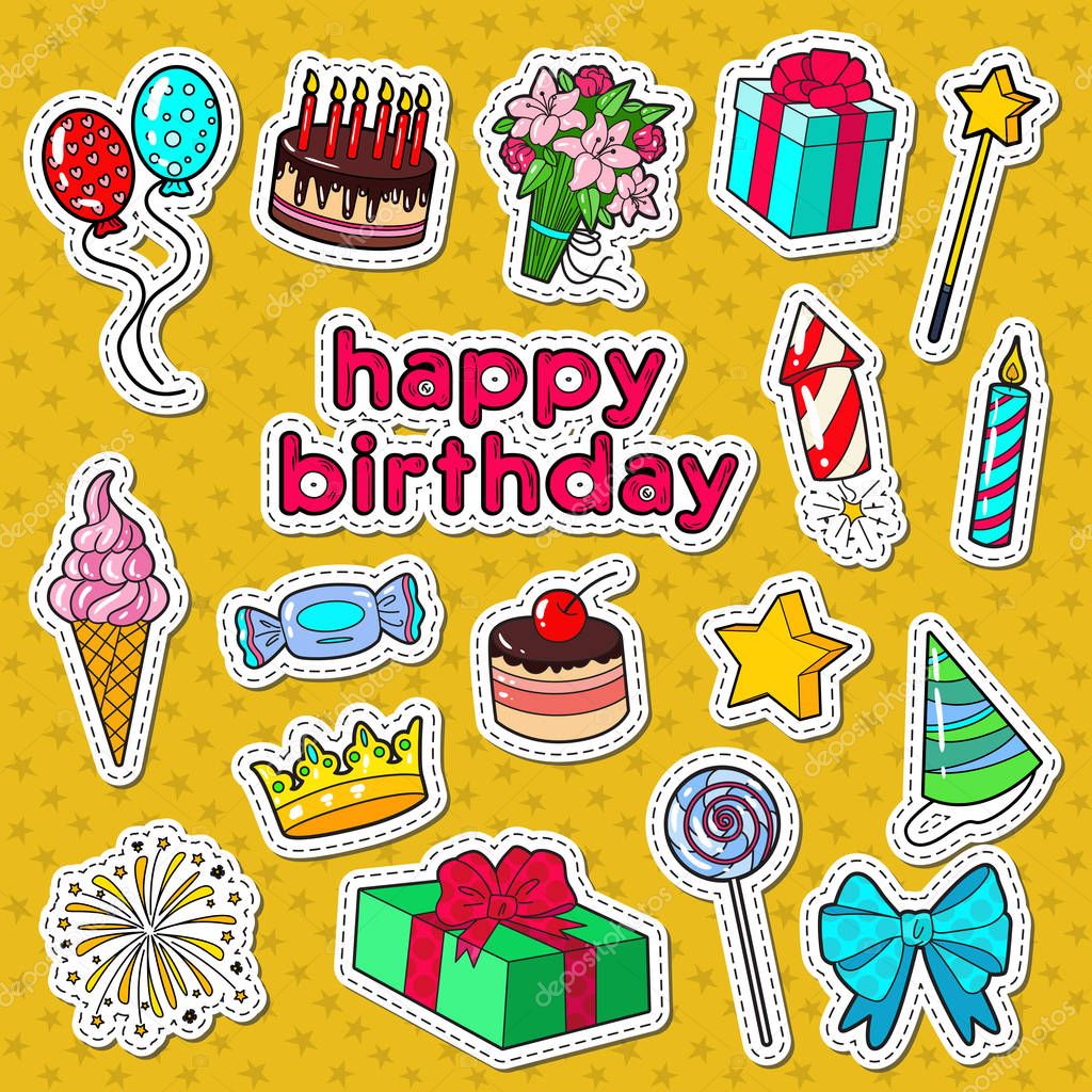 Happy Birthday Party Decoration Doodle with Stickers, Badges and Patches Balloons, Gift and Sweets. Vector illustration