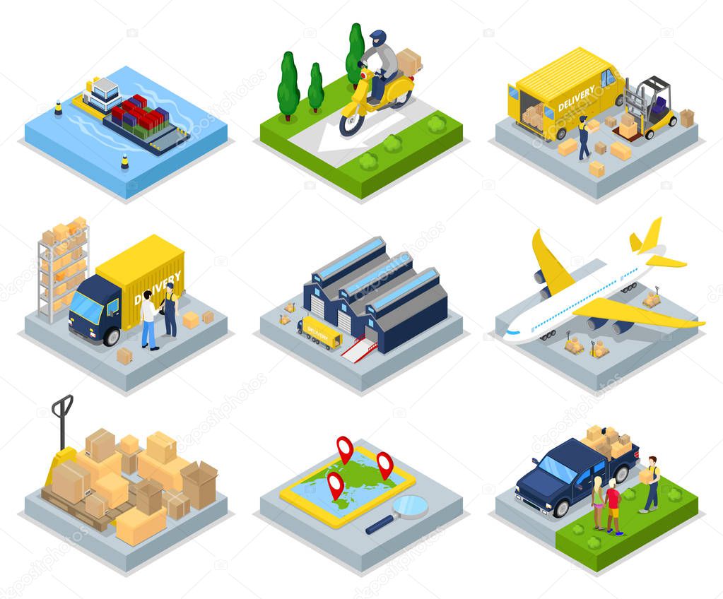 Isometric Delivery Concept. Worldwide Shipping. Warehouse, Air Cargo, Freight Transportation. Vector flat 3d illustration