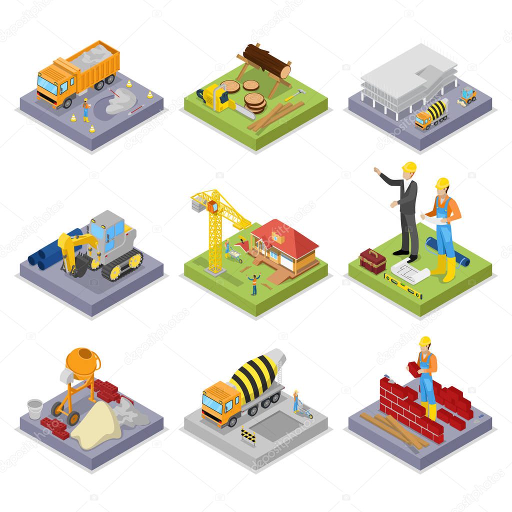 Isometric Construction Industry. Industrial Crane, Workers, Mixer and Buildings. Vector flat 3d illustration