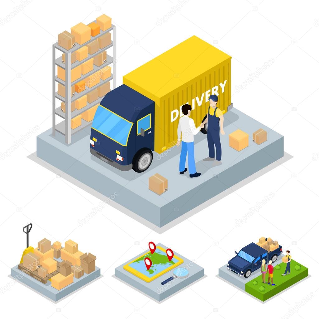 Isometric Delivery Concept with Truck, Courier and Freight Transportation. Vector flat 3d illustration