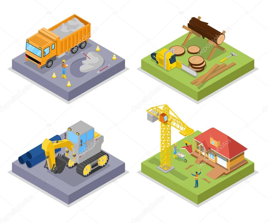 Isometric Construction Industry. Industrial Crane, Private House and Bark of Wood. Vector flat 3d illustration