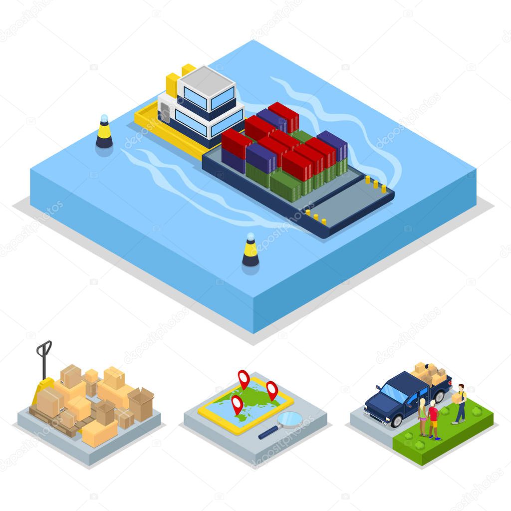 Isometric Delivery Concept. Worldwide Shipping, Freight Transportation. Vector flat 3d illustration