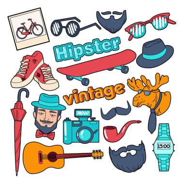 Hippi tarzı Vintage Doodle sakal, bıyık ve Retro elemanları
